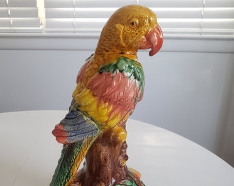 Vintage Parrot Majolica Style Ceramic Figurine --- Retro Tropical Tiki Bar Summer Bungalow Pirate Beach House Home Decor --- 1950s Luau