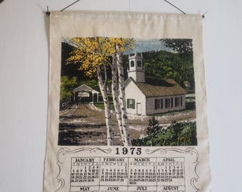 Vintage Kay Dee Spring Country Church 1975 Calendar Wall Hanging Tapestry -- Retro Cottage Kitchen Wall Decor -- Linen Tea Towel Hand Towel