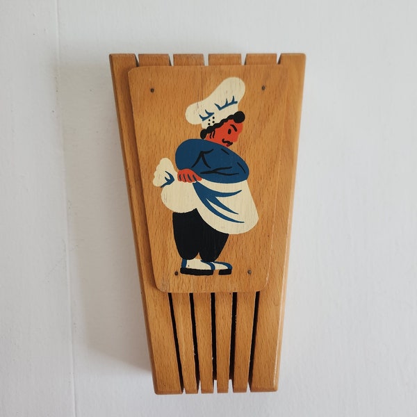 Vintage Chef Wooden Wall Mounted Knife Block - Made in Yugoslavia - Retro 1950s Style Home Cook Fun Kitchen Decor -- Hanging Cutlery Storage