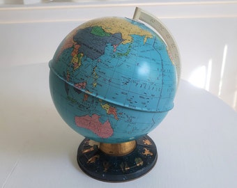 Vintage Ohio Art Zodiac Metal 10-inch Desk Globe --- Retro Around the World Colorful Map Home Decor --- Classic Kids Room Tin Litho Toys