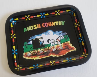 Vintage Amish Country Little Metal Tray --- Retro Pennsylvania Dutch Lancaster Horse & Buggy Souvenir Dish --- American Farmhouse Home Decor