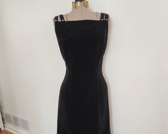 Vintage Black Velvet Tank Top Dress with Rhinesone Embellishments --- Retro Classic Simple Elegant Women's Formal Clothing --- 90s Goth Girl