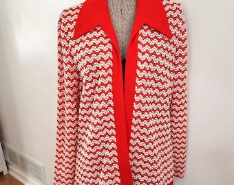 Vintage Vermilion Red & White with Silver Metallic Open Front Cardigan Blazer --- Retro 1960s 1970s Groovy Women's Clothing Summer Jacket
