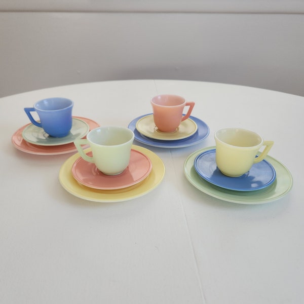 Vintage Children's Pastel Tinted Milk Glass Tea Set - 12 Pieces - Retro 1940s 1950s Style Spring Colors Easter Home Decor Miniature Teacups