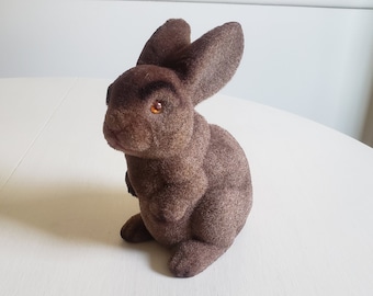 Vintage Dark Brown Flocked Bunny Figurine --- Retro Spring Easter Home Decor Knick Knack --- Cute Mid-Century Garden Cottage Fairy Tale