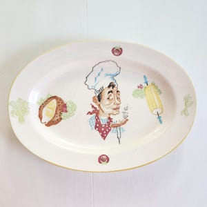 Vintage Weenie Chef Serving Platter --- Retro 1950s 1960s Style Backyard BBQ Grill Master Large Oval Food Plate -- Mid Century Kitchen Decor