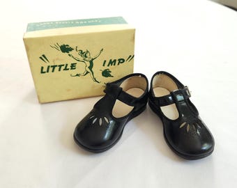 Vintage Little Imp Black Patent Leather Style Mary Jane Shoes with Original Box --- Retro Little Girls Timeless Fashion Footwear