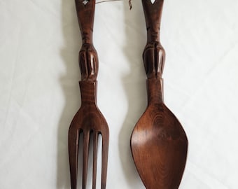 Vintage Tiki Man Carved Wooden Spoon & Fork --- Retro Tropical Hawaiian Mid Century Mod Kitchen Decor --- Mod Salad Serving Utensils
