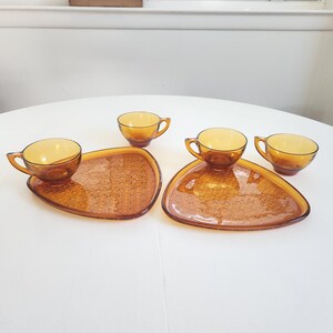 Vintage Amber Brown Glass Snack & Drink Serving Set - Set of Six Pieces - Retro Colored Glassware Groovy Servingware Plates and Tea Cups image 1