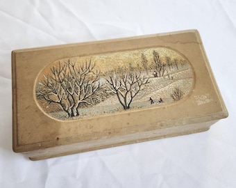 Vintage Winter Scene Pointillism Painted Leather Wrapped Jewelry Box --- Antique Hand Painted Landscape Arts & Crafts Style Home Decor