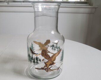 Vintage Bald Eagle Carafe Drink Pitcher --- Retro American Wildlife Cabin Home Decor Rustic Kitchen --- Unique Flower Vase Animal Glassware
