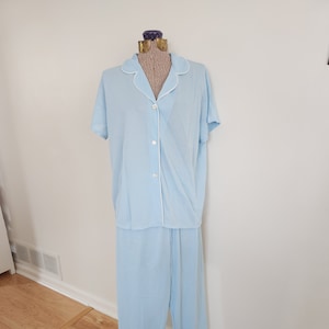 Vintage 60s Womens Pajamas Shirt Pant Set Size M Blue