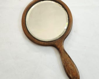 Antique Simple Round Wood Hand Aged Glass Mirror --- Vintage Rustic Wooden Vanity Looking Glass Boudoir Decor --- Victorian Haunted House