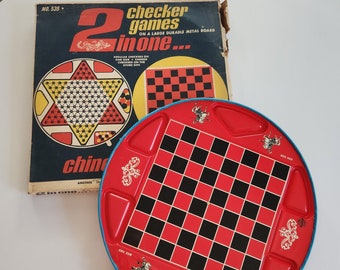 Vintage Ohio Art Co. 2 in One Checker Games Metal Game Board - Chinese & Regular - Retro Classic Toys Kids Game Room --- 1950s Home Decor