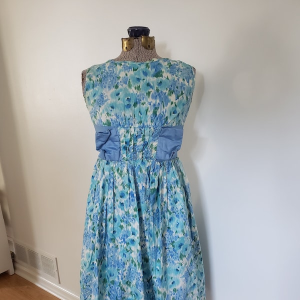 Vintage Blue Flower Garden Girls' Party Dress --- Retro 1950s 1960s Style Petite Juniors Spring Summer Cute Clothing --- Tea Party Costume