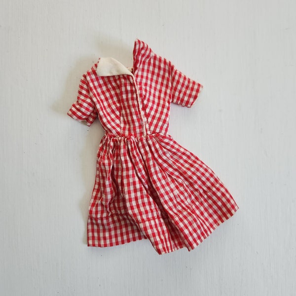 Vintage Red & White Gingham Plaid Dress Barbie-Sized Fashion --- Retro 1960s 1970s Groovy Mod Colorful Small Doll Clothing Toy Accessories