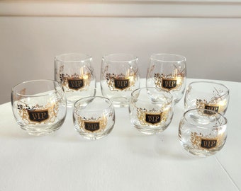 Vintage V.I.P. Gold Lion Crest Royalty Style Glasses - Set of Eight - Retro Medieval King Lodge Decor Lowball Barware Drinking Glasses