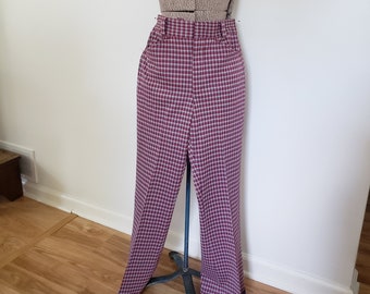 Vintage King's Road Double Knit Perma-Prest Red & Gray Plaid Bell Bottom Dress Pants --- Retro 1970s Sears The Men's Store Fashion Clothing