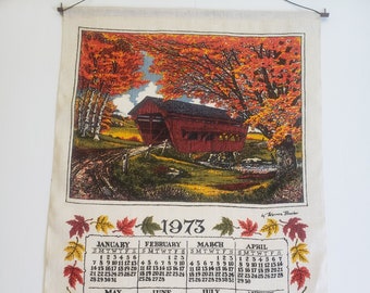 Vintage Autumn Leaves Covered Bridge 1973 Calendar Wall Hanging Tapestry -- Retro Landscape Kitchen Wall Decor -- Linen Tea Towel Hand Towel