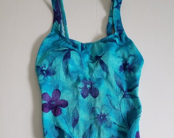 Vintage Athena Blue Lagoon Floral One-Piece Bathing Suit --- Retro 90s Babe Cute Summer Swimwear -- 1990s Beach Pool Party Athletic Swimsuit