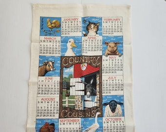 Vintage Country Cousins 1984 calendrier lin serviette à main --- animaux de la ferme rétro kitsch linge de cuisine de ferme --- tapisserie Kay Dee