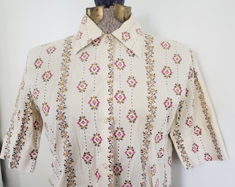 Vintage Stylized Cross Stitch Striped Pattern Button Down Short Sleeve Shirt --- Retro 1950s 1960s Casual Women's Clothing --- Southwestern