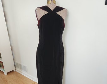 Vintage Jessica Howard Halter Style Sleeveless Black Velvet Dress --- Retro Elegant Formal Full Length Women's Evening Gown 90s Prom Fashion