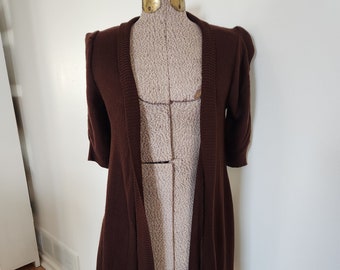 Vintage Say What? Chocolate Brown Open Front Long Cardian Sweater --- Retro Y2K Cute Simple Women's Clothing --- 2000s Preppy Fashion Top