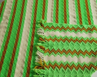 Vintage Green Straight and Zig Zag Striped Knit Blanket --- Retro Groovy Colors 1960s 1970s Psychedelic Home Decor --- Cozy Winter Afghan