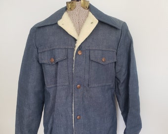 Vintage Denim & Faux Sherpa Fleece Lined Jacket --- Retro Classic Americana Tough Winter Coat --- Workwear Style Rugged Warm Outerwear
