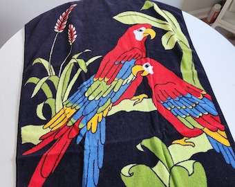 Vintage Terrimondo Parrots Beach Pool Towel --- Retro Colorful Summer Vacation Road Trip Linens --- Tropical Vibes Tiki Bar Pool Party Fun