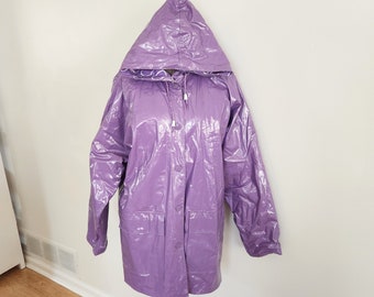 Vintage Slippery When Wet... A Division of Wippette Purple Vinyl Hooded Raincoat --- Retro 1980s 1990s Style PVC Jacket Women's Outerwear