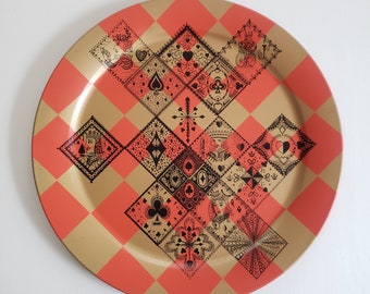 Vintage Playing Card Suits Large Metal Platter --- Retro Round Serving Tray Game Night Snacks & Drinks --- 1960s 1970s Party Home Decor