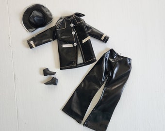 Vintage Black Vinyl Rain Suit Barbie-Sized Fashion Outfit - Coat Pants Hat Boots - Retro 1960s 1970s Doll Clothing Accessories Matching Set