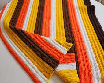 Vintage Fall Colors Striped Small Crochet Knit Blanket -- Retro Groovy Yellow White Orange Brown Autumn Home Decor -- Cozy Lap Throw Blanket