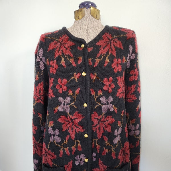 Vintage Crystal-Kobe Autumn Leaves Cardigan Sweater --- Retro Cottagecore Cozy Warm Grandma Knitwear --- Plant Leaf Fall Women's Clothing