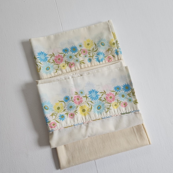 Vintage Pastel Flowers Simple Standard Pillowcases - Set of Two - Retro Spring Floral Cute Cottage Bedding Girls Room Linens Upcycle Fabric