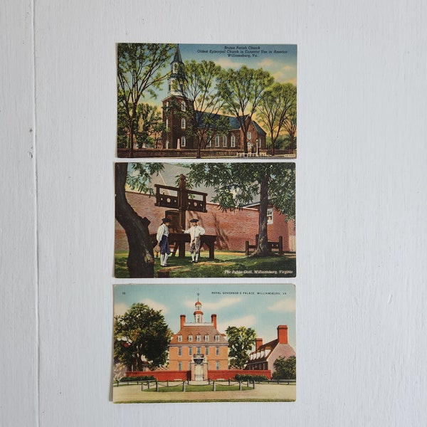 Vintage Colonial Williamsburg Linen Finish Postcards - Set of Three - Retro American Road Trip Historical Places Souvenir Prints Home Decor