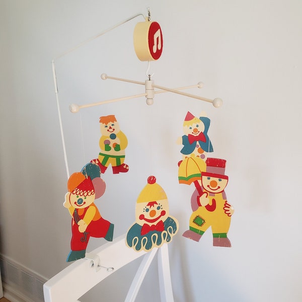 Vintage Circus Clown Musical Spinning Mobile --- Retro 1970s Colorful Baby Nursery Decor --- Playful Music Box Carnival Baby Shower Gift