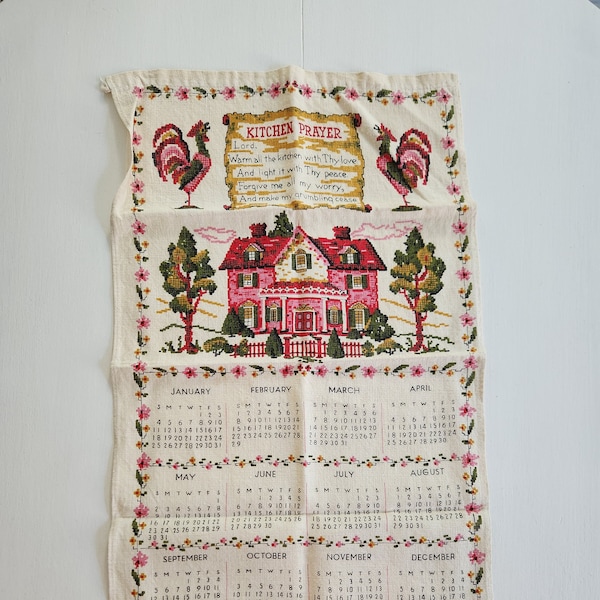 Vintage Pink House Kitchen Prayer 1976 Calendar Tea Hand Towel --- Retro 1970s Farmhouse Linens Kitchen Home Decor --- Housewarming Gift