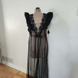 Vintage Apostrophe Intimates Sheer Black Peignoir Negligee --- Retro Sexy Lingerie Long Robe Cover Up --- Summer Loungewear Women&#39;s Fashion