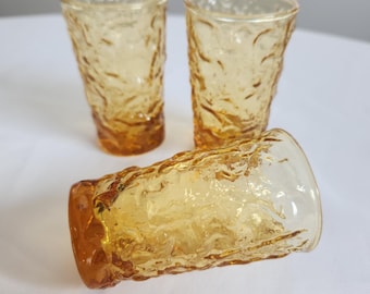 Vintage Yellow Crinkle Juice Glasses - Set of Three - Retro 1960s 1970s Style Groovy Glassware - Warm Colors Textured Drinking Glass Kitchen