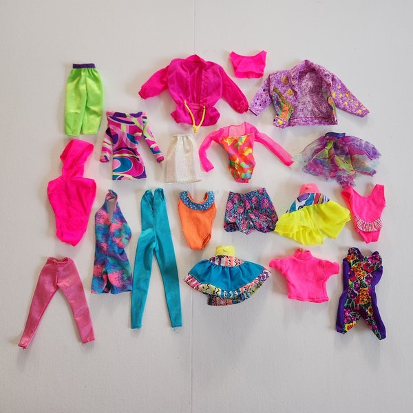 Vintage Neon Colorful Barbie-Sized Fashion Clothing - Set of 19 - Retro 1980s 1990s Doll Accessories Clothes - Nostalgic Girls Toy Collector