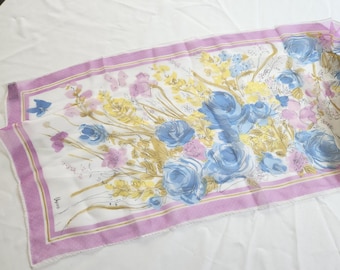 Vintage Vera Butterflies & Flowers Purple Blue Sheer Scarf --- Retro Garden Floral Cottagecore Grannycore Accessory --- Thin Hair Scarf