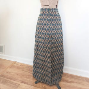 Vintage Aileen Plaid Chevron Diamond Maxi Skirt -- Retro 1970s Groovy Pattern Full Length Skirt - Fall Colors Autumn Winter Women&#39;s Clothing