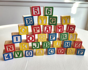 Vintage Wooden Letter & Number Building Blocks -Set of 32 - Retro Classic Children's Learning Toys --- Baby Shower Nursery Alphabet Decor