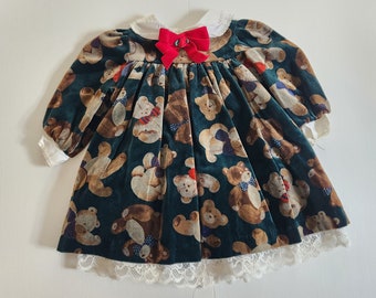 Vintage Good Lad of Philadelphia Velvety Teddy Bear Baby Toddler Dress --- Retro Little Girls Clothing Cute Doll Costume Party Dress