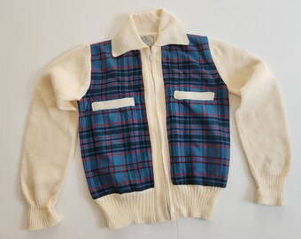 Vintage Bermuda Blue Plaid Children's Zippered Collared Cardigan -- Retro 1950s 1960s Style Kids Winter Knitwear Cabincore Ski Lodge Fashion