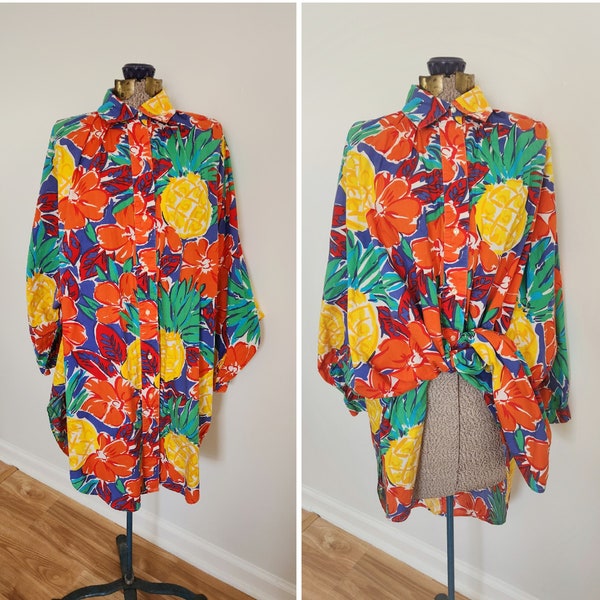 Vintage ViewPoint by Gottex Tropical Pineapple & Flowers Tie Front Oversized Shirt --- Retro Summer Cover Up Beach Poolside Shirt Dress