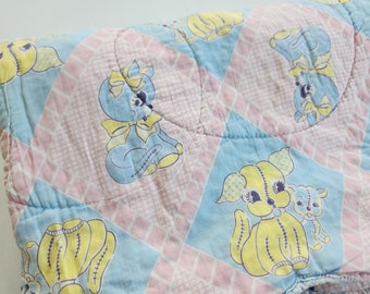 Vintage Quiltex Pink Blue Yellow Stuffed Animal Pattern Quilted Blanket --- Retro 1950s Style Pastel Baby Nursery Decor --- Cute Linens